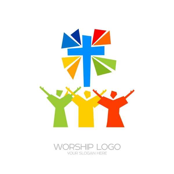 Logotipo Musical Símbolos Cristãos Pessoas Adoram Jesus Cristo — Vetor de Stock