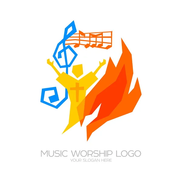Logotipo Musical Símbolos Cristãos Crente Adora Jesus Cristo Canta Glória —  Vetores de Stock