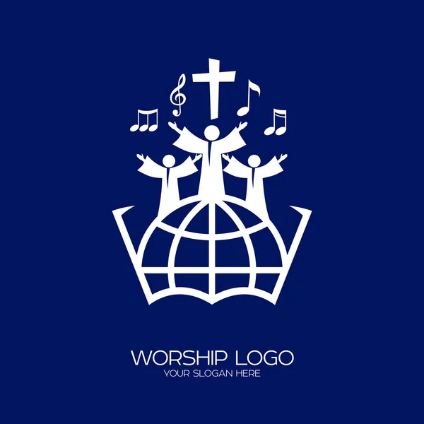 Logo Musical Símbolos Cristianos Gente Todas Las Naciones Nacionalidades Cantan — Vector de stock