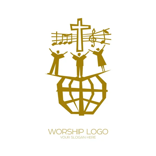 Logo Musical Símbolos Cristianos Gente Todas Las Naciones Nacionalidades Cantan — Archivo Imágenes Vectoriales