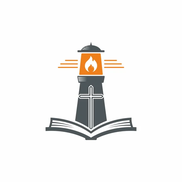教会のロゴ 神の灯台と神聖な啓典 — ストックベクタ
