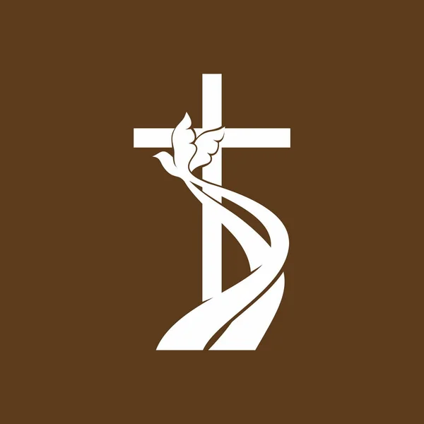 教堂标志 十字架与飞鸽 神的灵 — 图库矢量图片