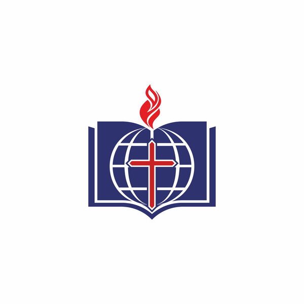 Church logo. Cross of Jesus, open bible and Christian symbols
