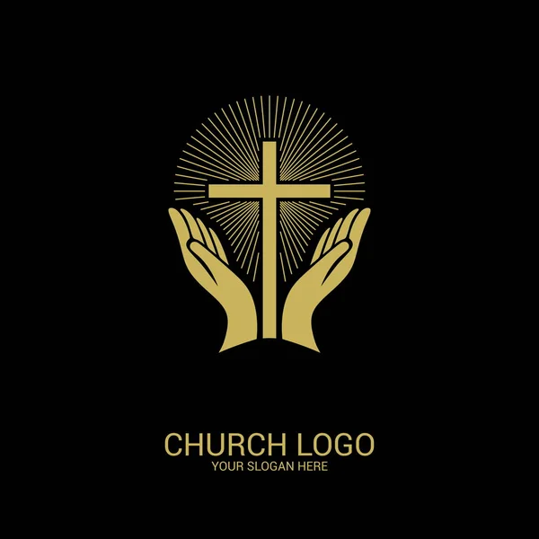 Logo Kościoła Symbole Chrześcijańskie Ręce Zwrócone Krzyżowi Zbawiciela Jezusa Chrystusa — Wektor stockowy