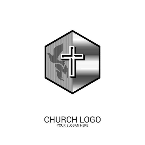 Logotipo Igreja Símbolos Cristãos Cruz Salvador Jesus Pomba Como Símbolo —  Vetores de Stock