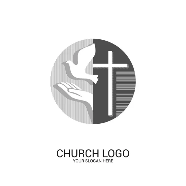 Logotipo Igreja Símbolos Cristãos Cruz Salvador Jesus Pomba Como Símbolo —  Vetores de Stock