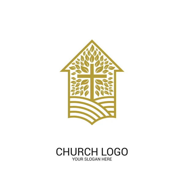 Logotipo Igreja Símbolos Cristãos Casa Nascente —  Vetores de Stock