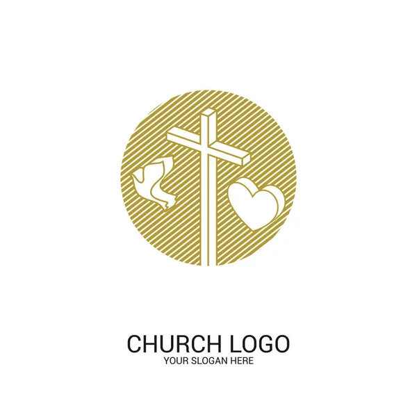 Logo Iglesia Símbolos Cristianos Jesús Cruz Corazón Paloma — Archivo Imágenes Vectoriales