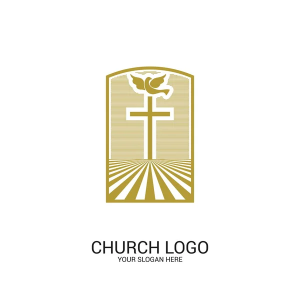 Logotipo Igreja Símbolos Cristãos Cruz Salvador Jesus Pomba Como Símbolo —  Vetores de Stock