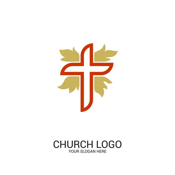 Logotipo Igreja Símbolos Cristãos Cruz Salvador Jesus Chamas Espírito Santo —  Vetores de Stock