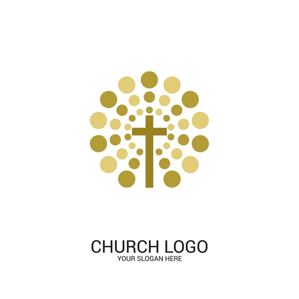 Logo Iglesia Símbolos Cristianos Jesús Cruz Resplandor Circular — Vector de stock