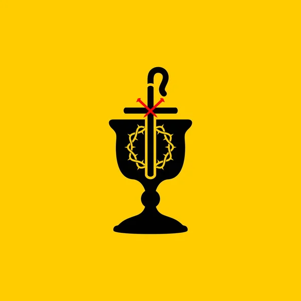 Christian Symbols Communion Bowl Wine Crown Thorns Shepherd Staff — 图库矢量图片