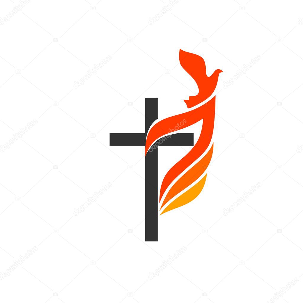 Christian symbols. The logo of the church. The cross of Jesus, the flame of fire as a symbol of the Holy Spirit.