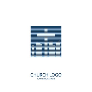Kilise logosu. Hristiyan sembolleri. Tanrı 'nın Haçı ve Kurtarıcı İsa şehrin arka planında.