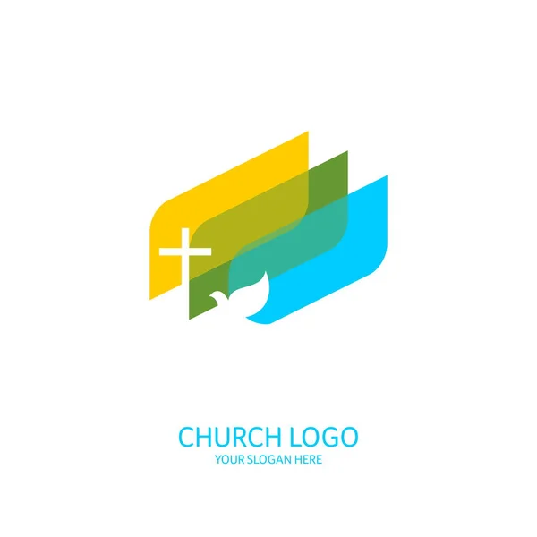 Logotipo Igreja Símbolos Cristãos Cruz Senhor Salvador Jesus Cristo Pomba —  Vetores de Stock