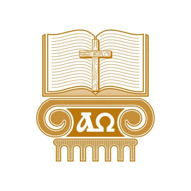 Kilise logosu. Hristiyan sembolleri. İsa 'nın çarmıhı ve İncil' in kaidesi.