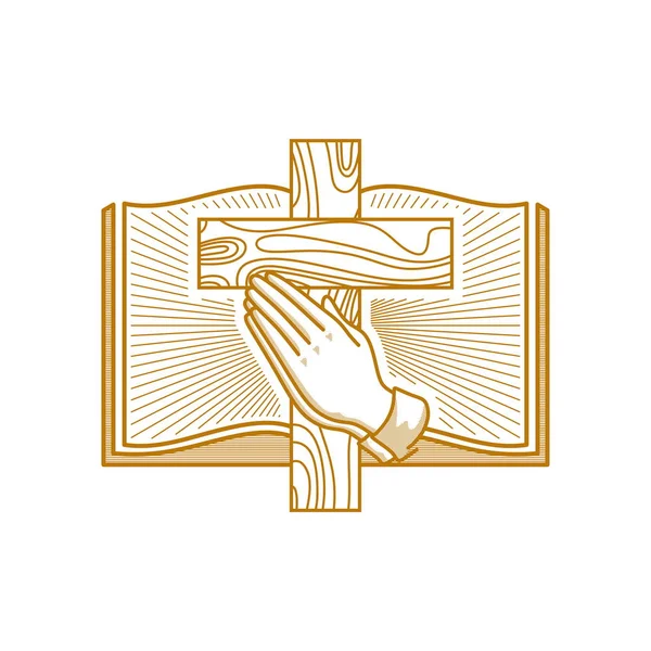 Logotipo Igreja Símbolos Cristãos Mãos Dobradas Oração Contra Pano Fundo —  Vetores de Stock
