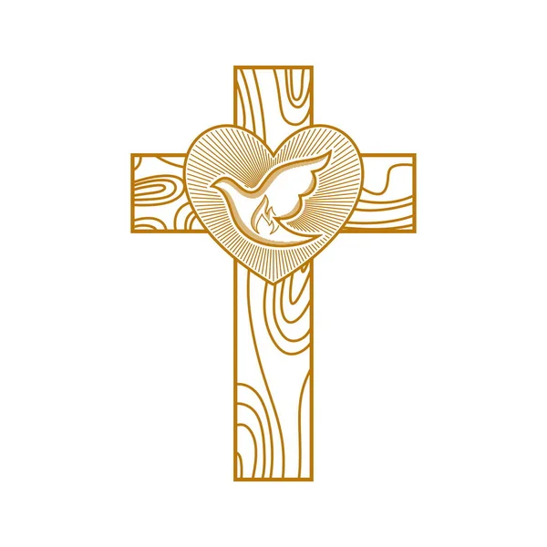 Logo Église Des Symboles Chrétiens Coeur Colombe Sur Fond Croix — Image vectorielle