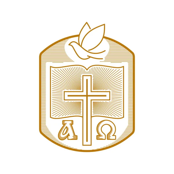 Logotipo Igreja Símbolos Cristãos Cruz Bíblia Aberta Pomba —  Vetores de Stock