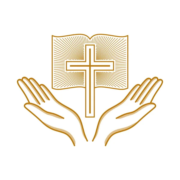 Kirchenlogo Christliche Symbole Hände Zum Kreuz Des Herrn Jesus Christus — Stockvektor