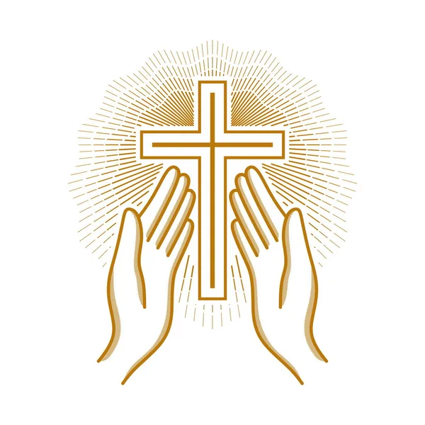 Logo Église Des Symboles Chrétiens Mains Levées Croix Seigneur Jésus — Image vectorielle