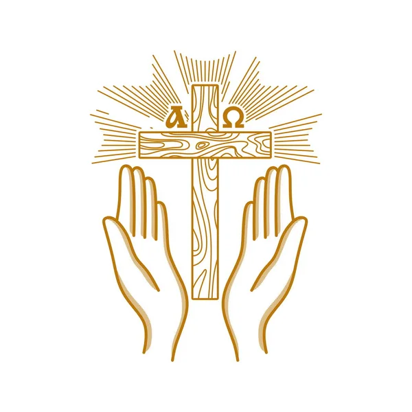 Logo Église Des Symboles Chrétiens Mains Levées Croix Seigneur Jésus — Image vectorielle