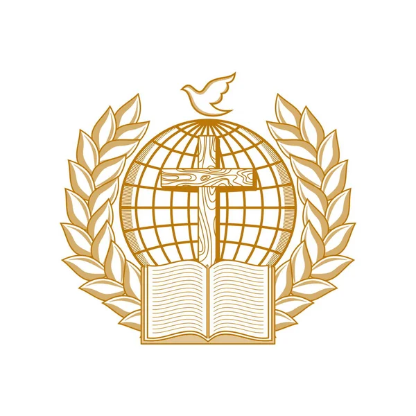 Λογότυπο Εκκλησίας Χριστιανικά Σύμβολα Σφαίρα Σταυρός Βίβλος Περικυκλωμένη Από Στεφάνι — Διανυσματικό Αρχείο