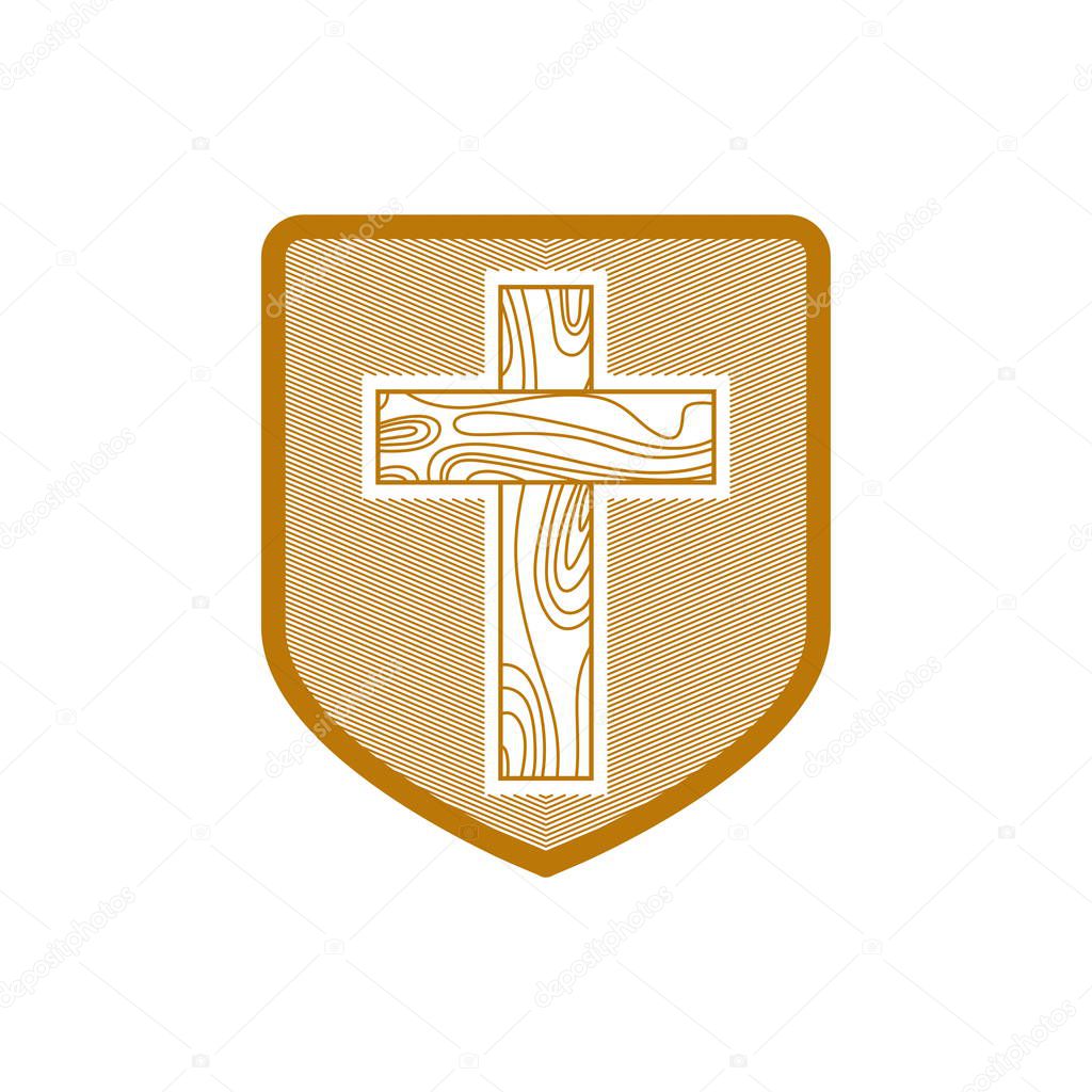 Church logo. Christian symbols. Cross of Jesus Christ on a shield.