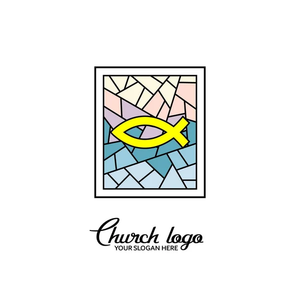 Kyrkans Logo Kristna Symboler Fisk Bakgrunden Ett Färgat Glasfönster — Stock vektor