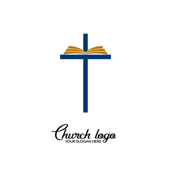 Kyrkans Logo Kristna Symboler Öppen Bibel Korsets Bakgrund — Stock vektor
