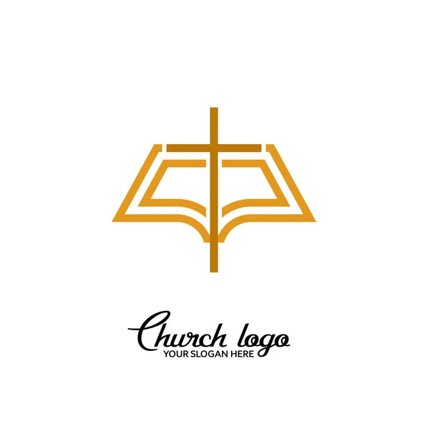 Kerk Logo Christelijke Symbolen Open Bijbel Een Achtergrond Van Het — Stockvector