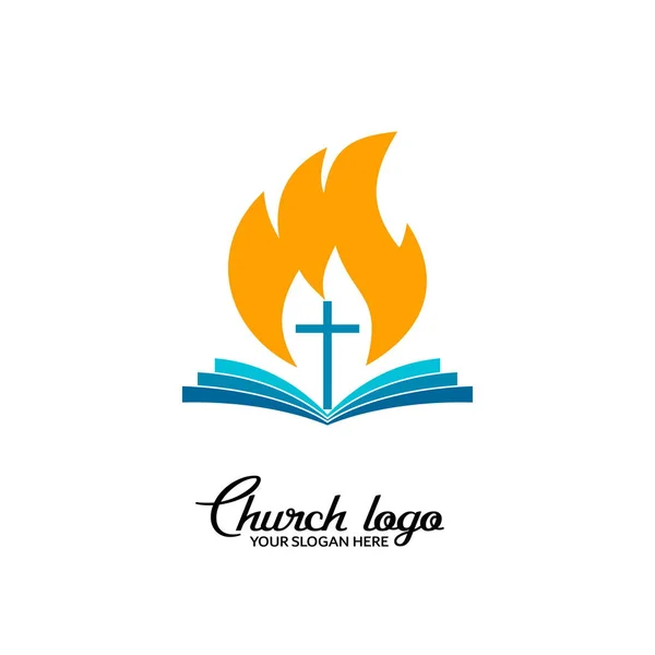 Logotipo Igreja Símbolos Cristãos Biblia Aberta Contra Pano Fundo Cruz — Vetor de Stock