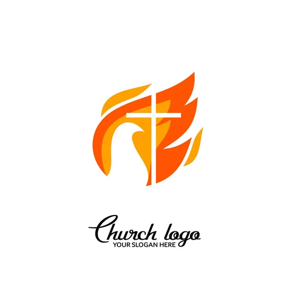 Kerk Logo Christelijke Symbolen Het Kruis Van Jezus Vlam Van — Stockvector