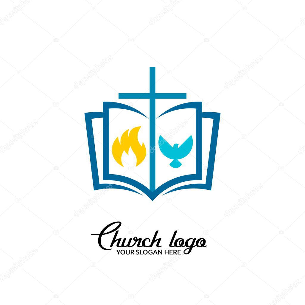 Church logo. Christian symbols. The Bible, the cross of the Lord, and the dove are the Holy Spirit.