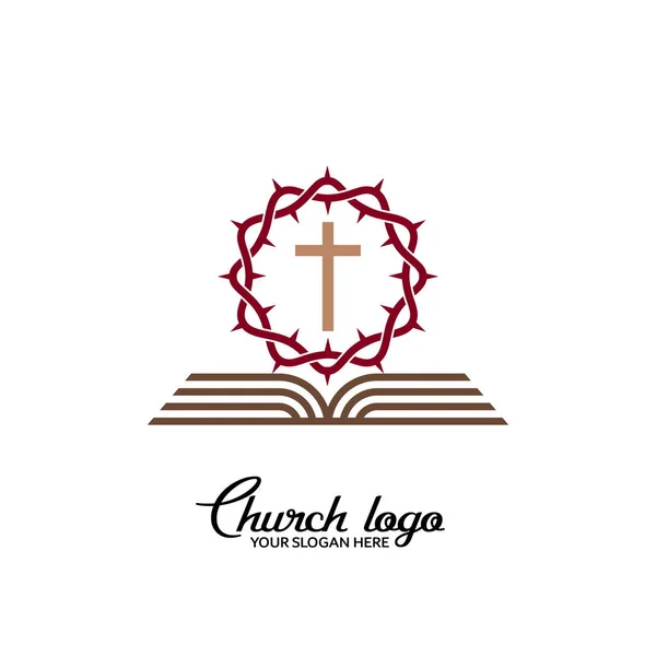 Logo Bisericii Simboluri Creştine Crucea Mântuitorului Coroana Spini Biblia Deschisă — Vector de stoc