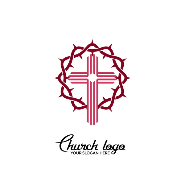 Logotipo Igreja Símbolos Cristãos Cruz Fundo Coroa Espinhos — Vetor de Stock