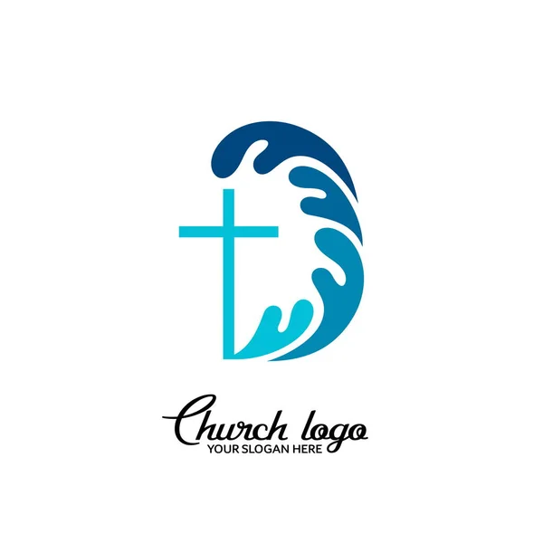 Kyrkans Logo Kristna Symboler Jesu Kors Och Vågorna Levande Vatten — Stock vektor