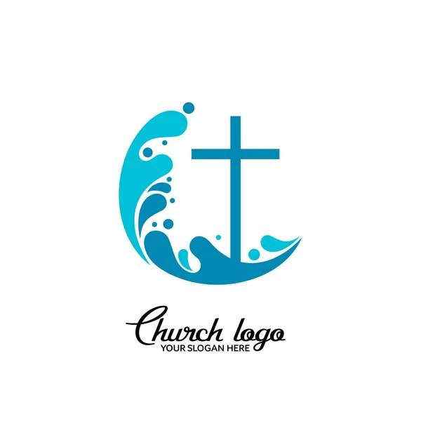 Kerk Logo Christelijke Symbolen Het Kruis Van Jezus Golven Van — Stockvector