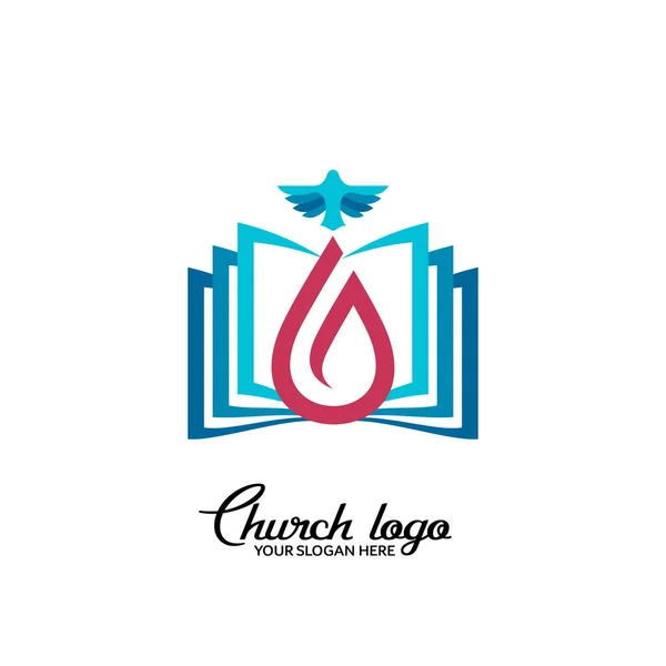 Kerk Logo Christelijke Symbolen Duif Vlam Foto Van Open Pagina — Stockvector