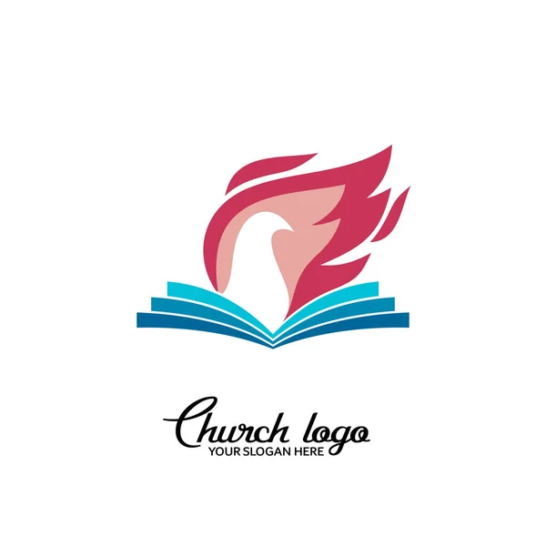 Logo Kościoła Symbole Chrześcijańskie Gołąb Płomień Zdjęciu Otwartych Stron — Wektor stockowy