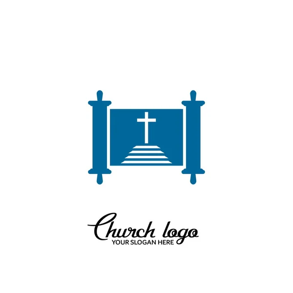 教堂的标志基督教的象征 在一本打开的经卷的背景下通向基督的十字架的楼梯 — 图库矢量图片