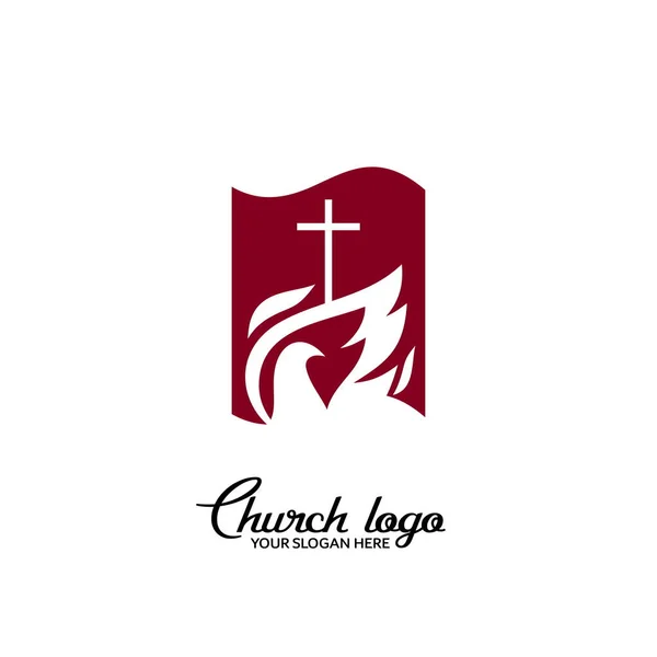 Logo Kostela Křesťanské Kříž Pána Spasitele Ježíše Krista Holubice Pozadí — Stockový vektor