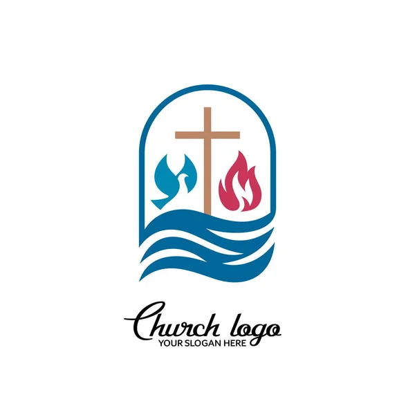 Logo Gereja Simbol Kristen Salib Yesus Kristus Merpati Dan Api - Stok Vektor