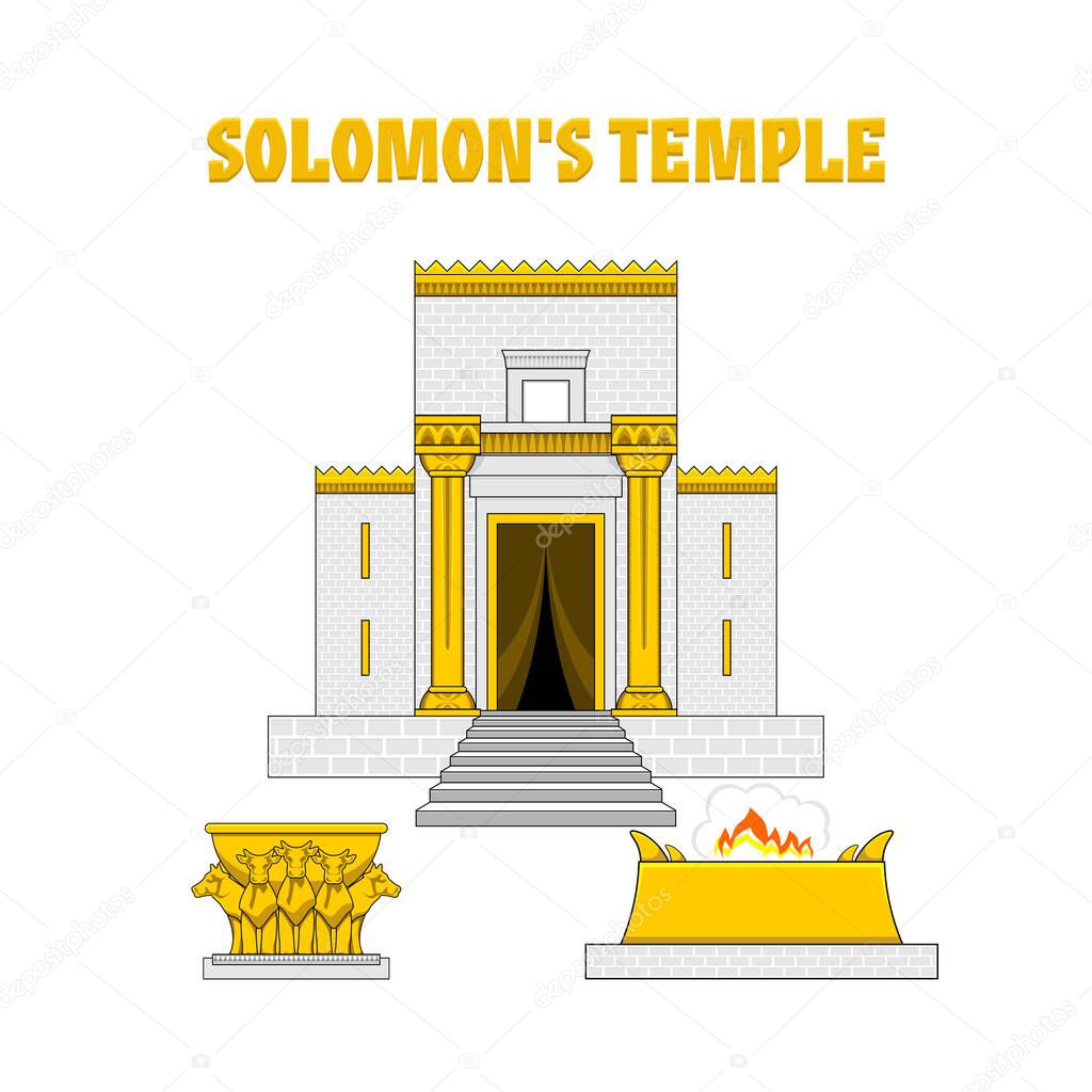 Temple of King Solomon. In front of the temple there is an altar and a copper sea standing on bulls.