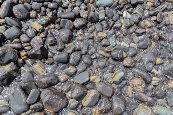 Piękny Mokry Czarny Żwirowa Kamienna Plaża Błyszczące Gładkie Naturalne Tropikalnym — Zdjęcie stockowe