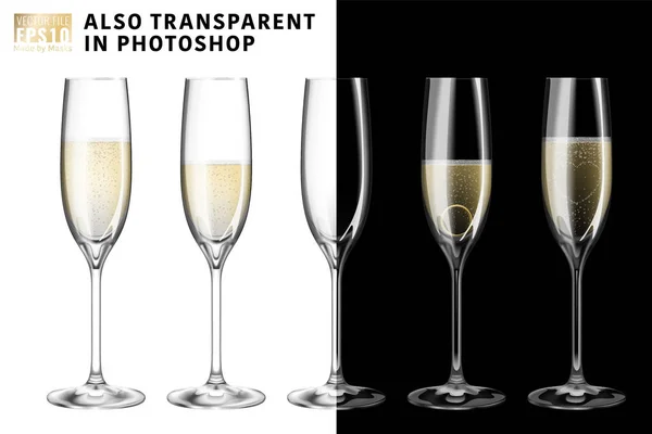 Vektör çizim şeffaf şampanya bardağı köpüklü beyaz şarap ile ayarla