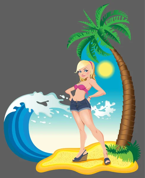 Εικόνα της σέξι κορίτσι, λευκό γυναίκα ξανθιά στην παραλία φορώντας μπικίνι σε σχήμα καρδιάς εικονογράφηση διάνυσμα — Διανυσματικό Αρχείο