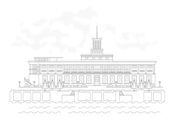 Vektor illustration bild av flod hamn. Främre fasaden Visa. Vektorgrafik