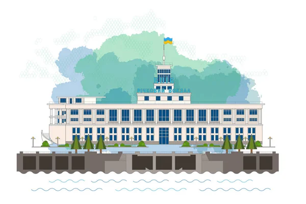 Vektor illustration bild av flod hamn. Främre fasaden Visa. Stockvektor