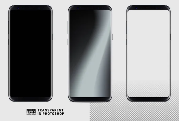 Schwarzes Smartphone-Template-Set mit transparentem Bildschirm — Stockvektor